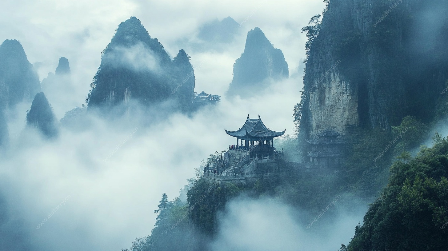 云雾缭绕中的山间古亭