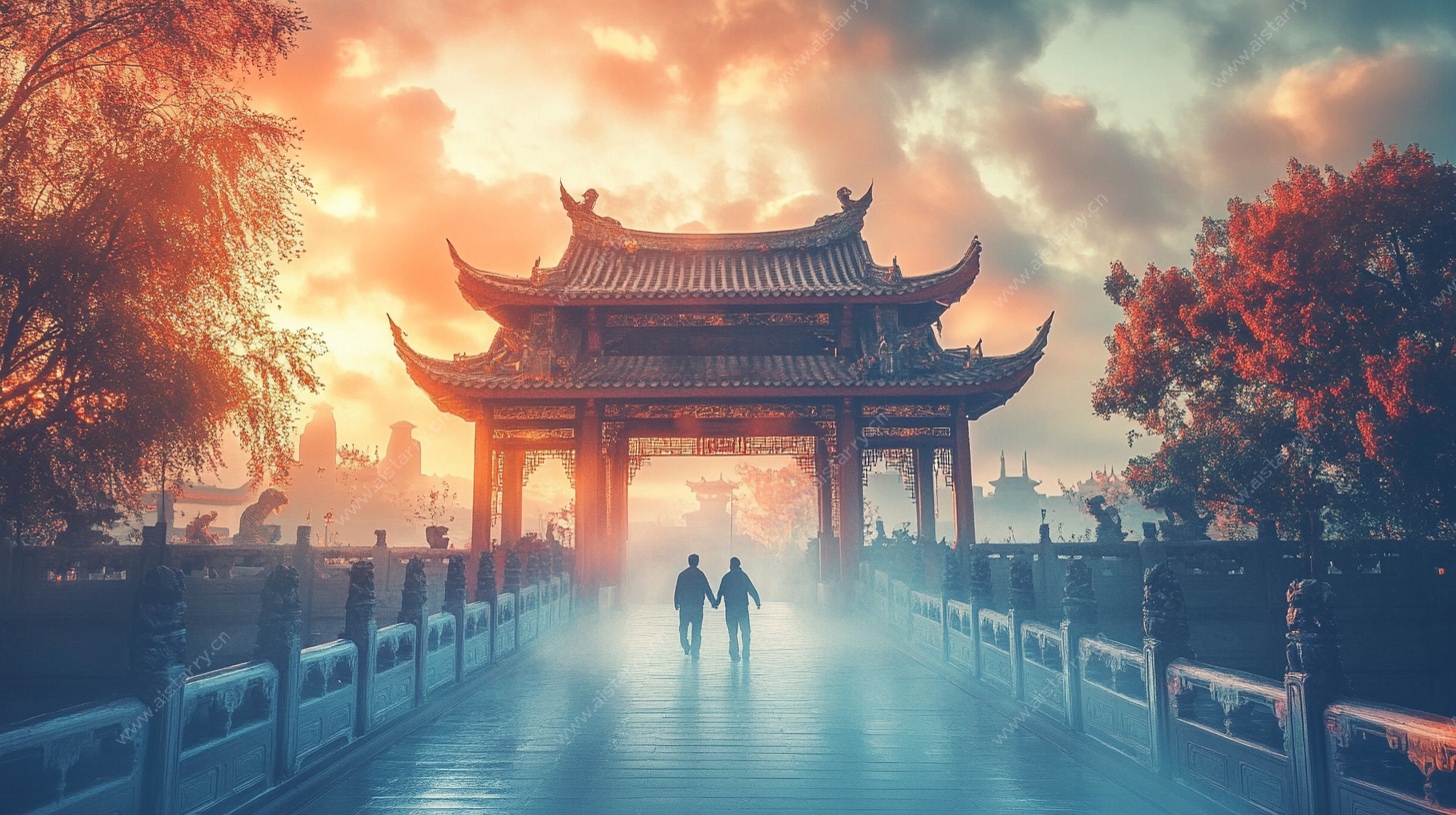 夕阳下的中式古亭漫步