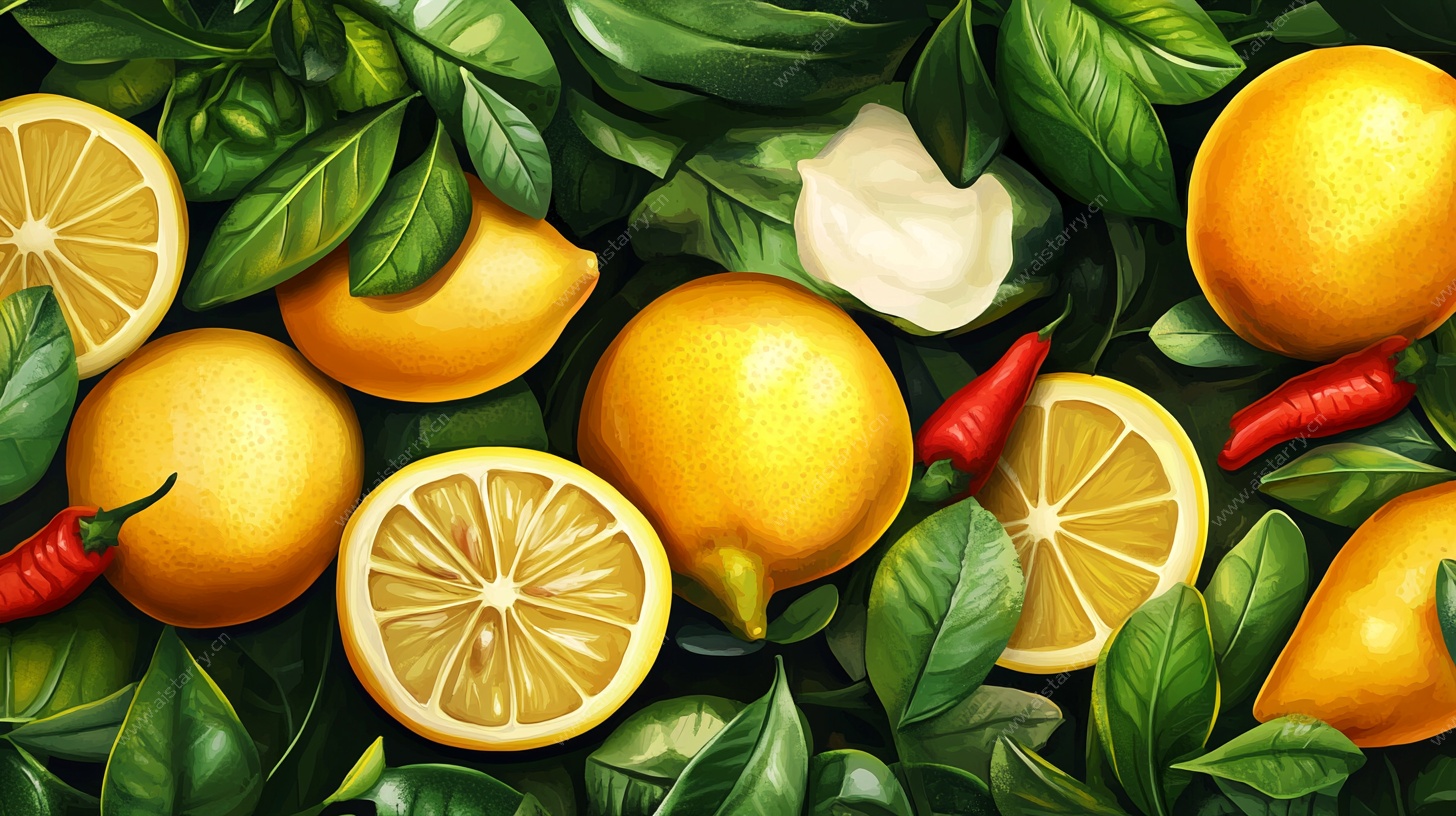 柠檬与辣椒绿叶清新画面