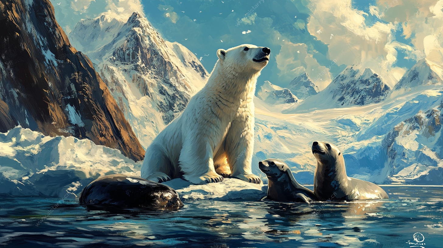 北极冰原上的北极熊一家