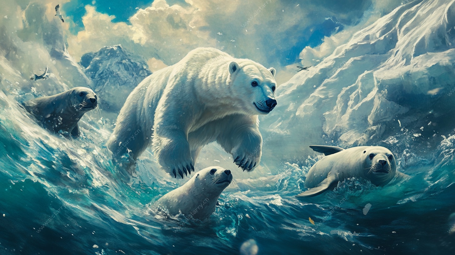 北极熊海中与海豹同框