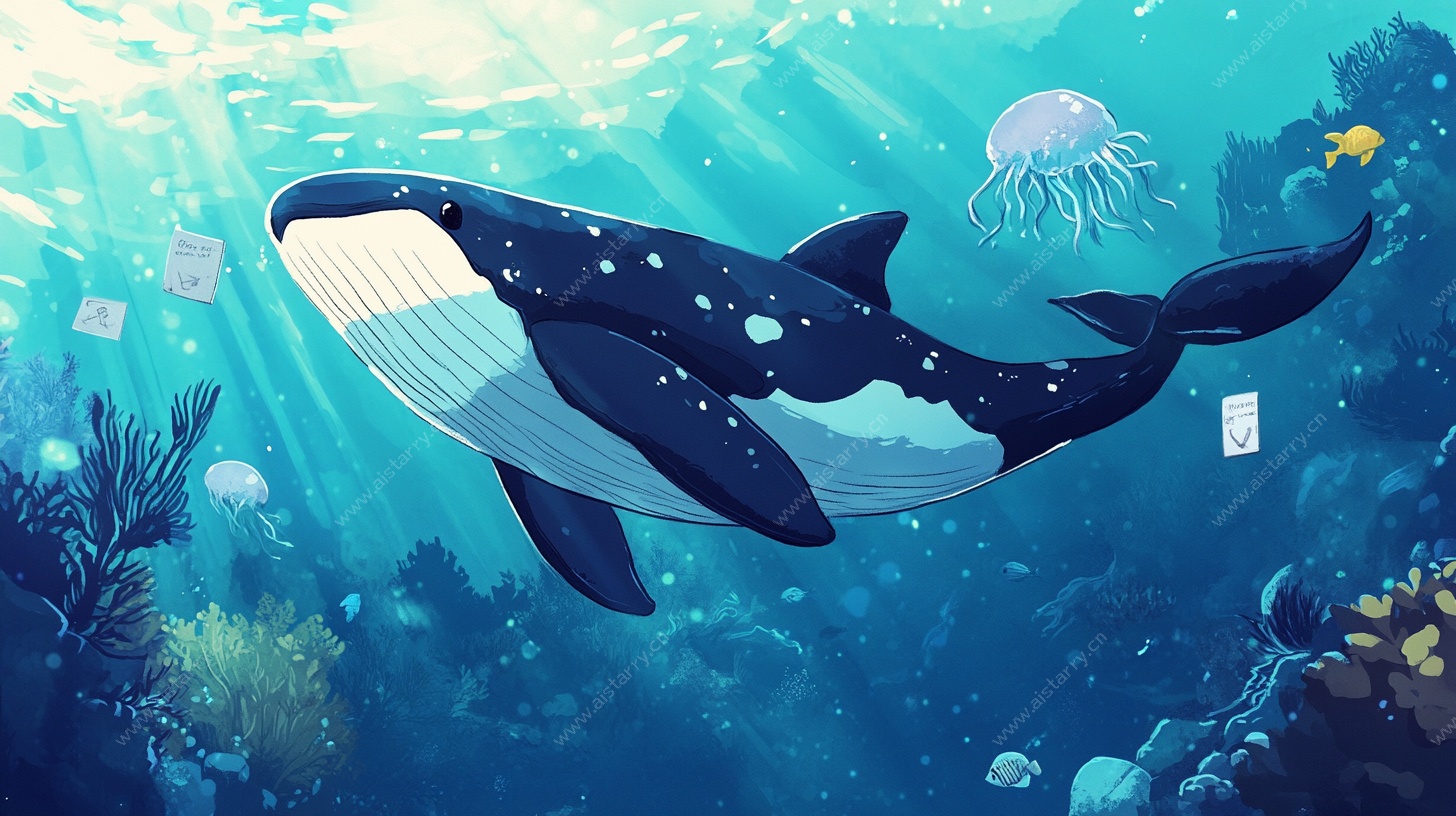 遨游海底的蓝鲸插画