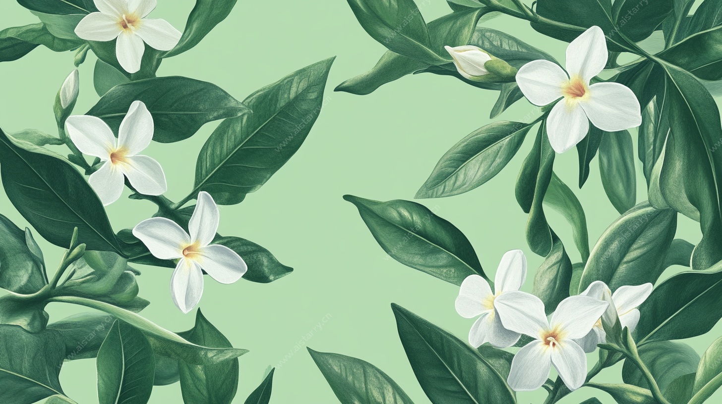 清新绿底白花朵植物图案