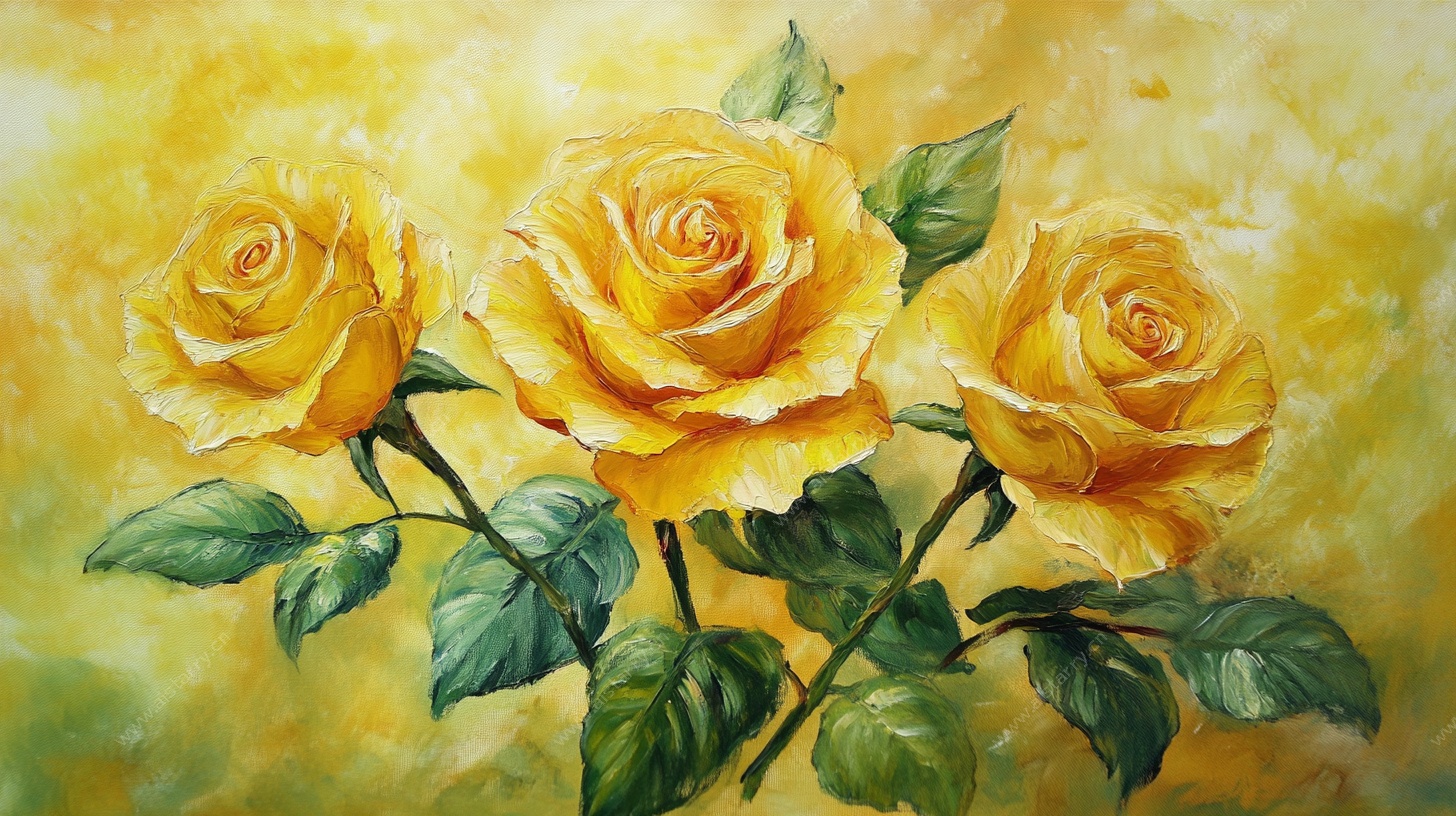 三朵金黄玫瑰油画