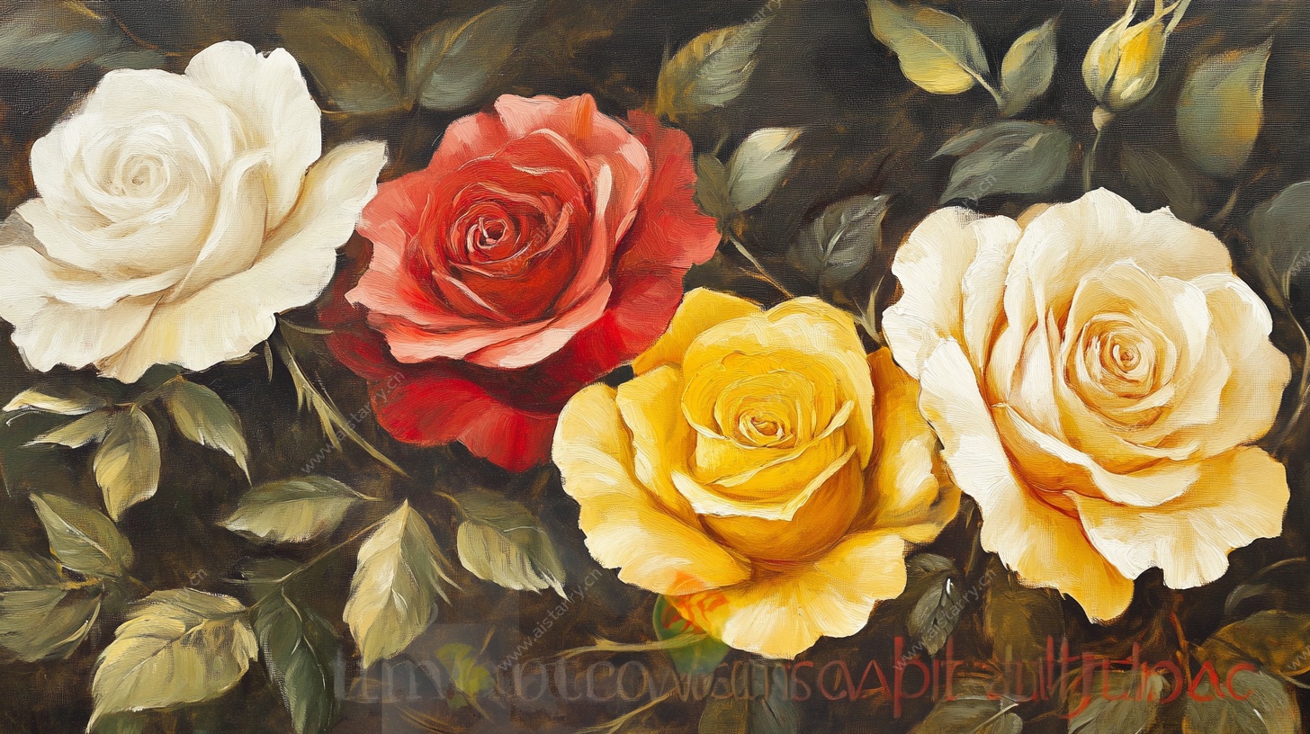 多彩玫瑰油画花卉图