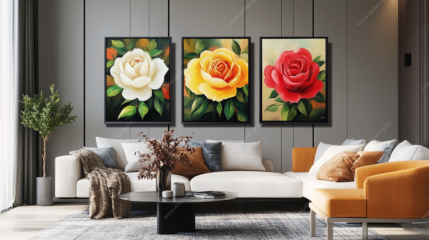 客厅三幅玫瑰装饰画