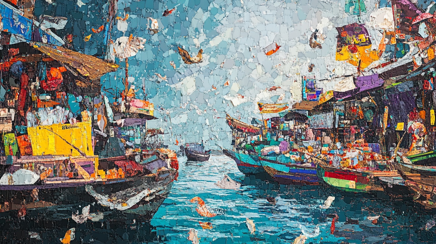 热闹水上集市油画场景