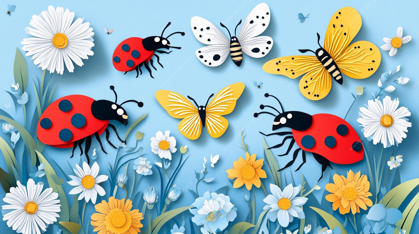 纸艺春日昆虫花卉场景