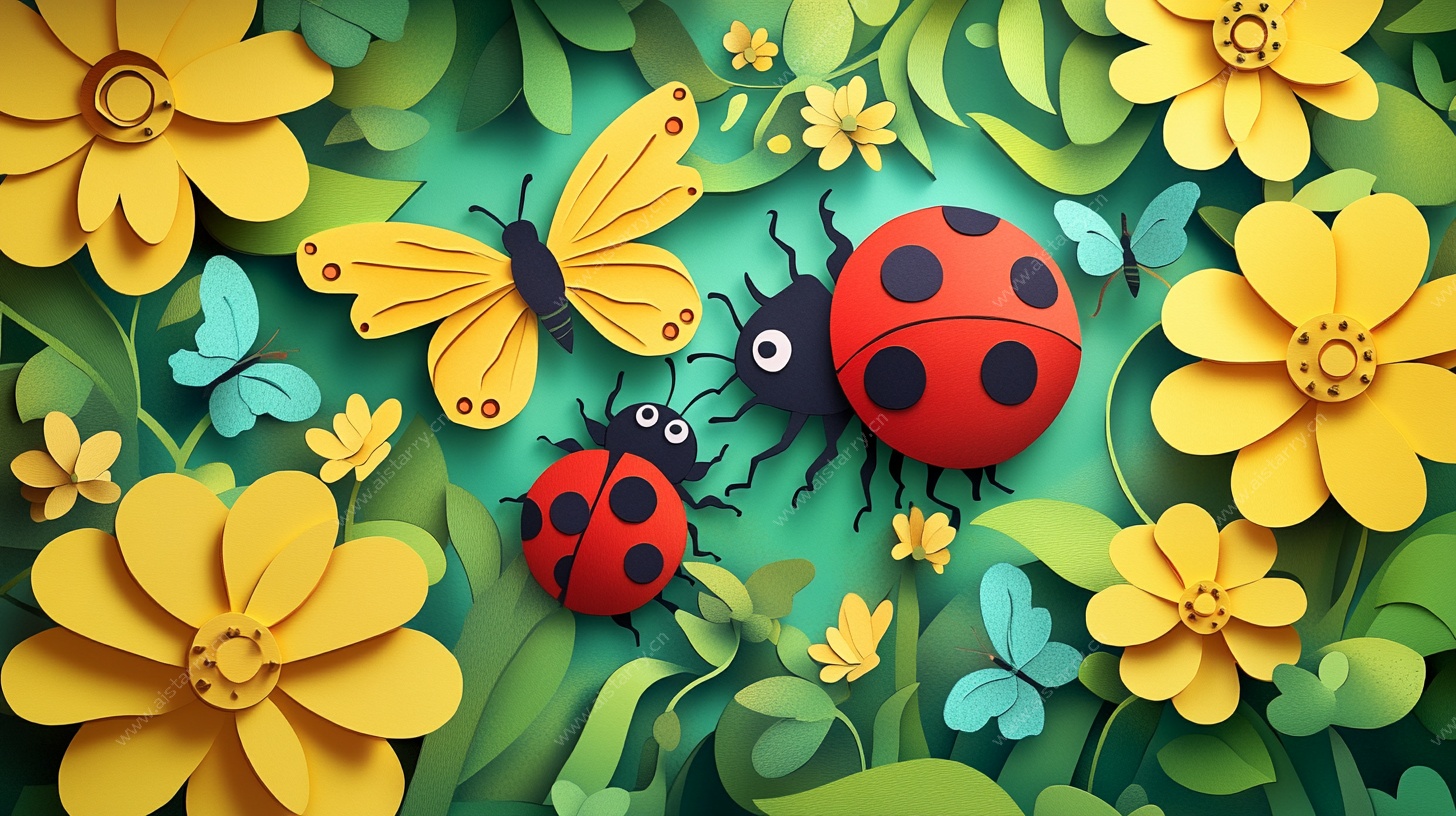 花丛中的瓢虫与蝴蝶