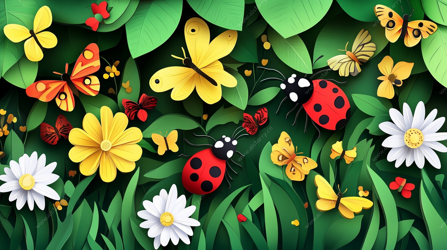 春日昆虫花卉纸艺插画