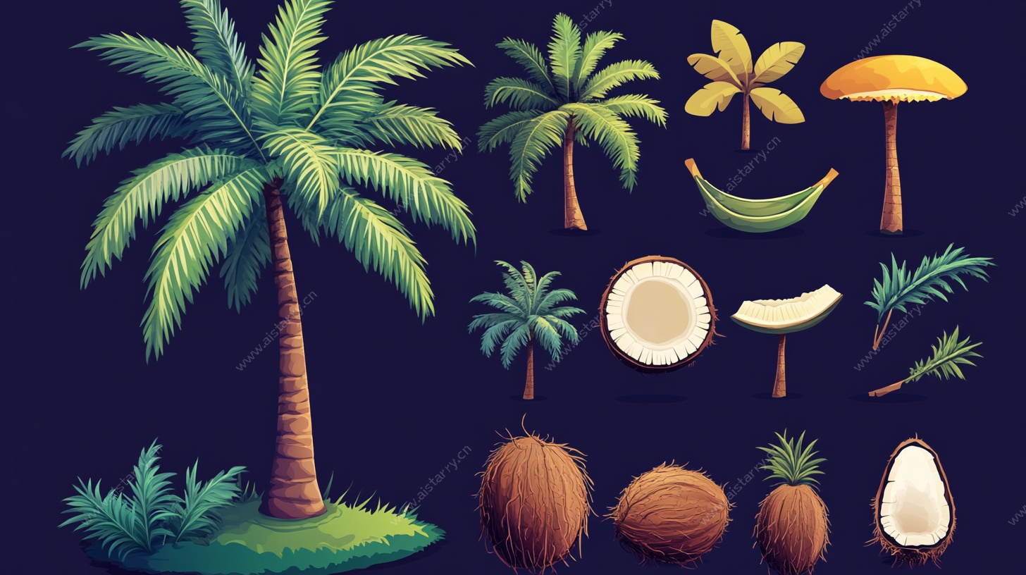 热带棕榈及椰子元素插画