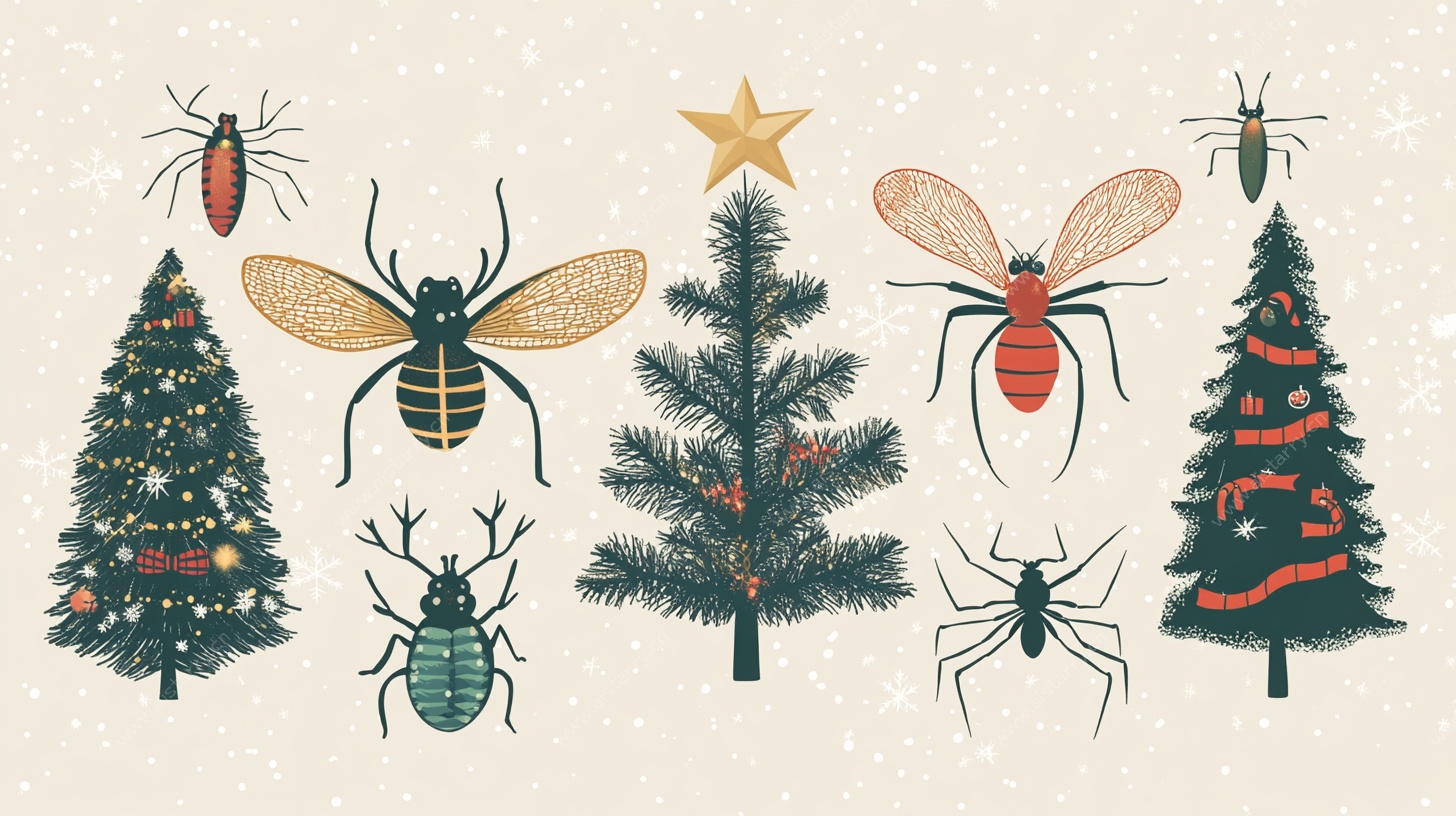 圣诞昆虫与圣诞树插画