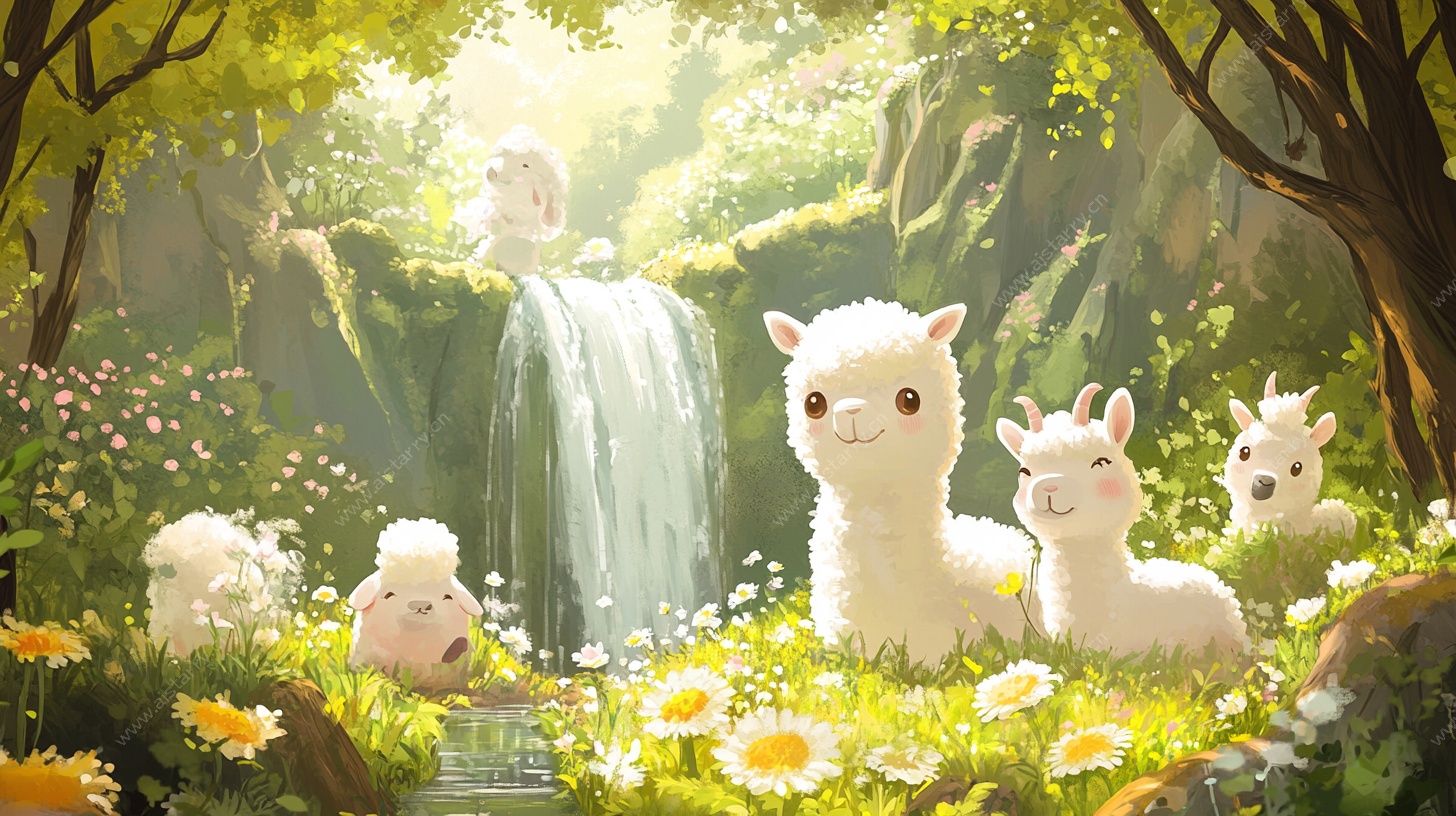 梦幻羊驼的森林瀑布奇遇
