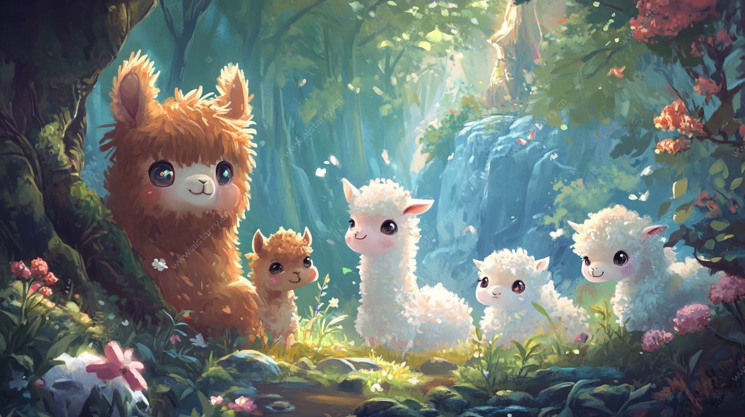 森林中的可爱羊驼家族
