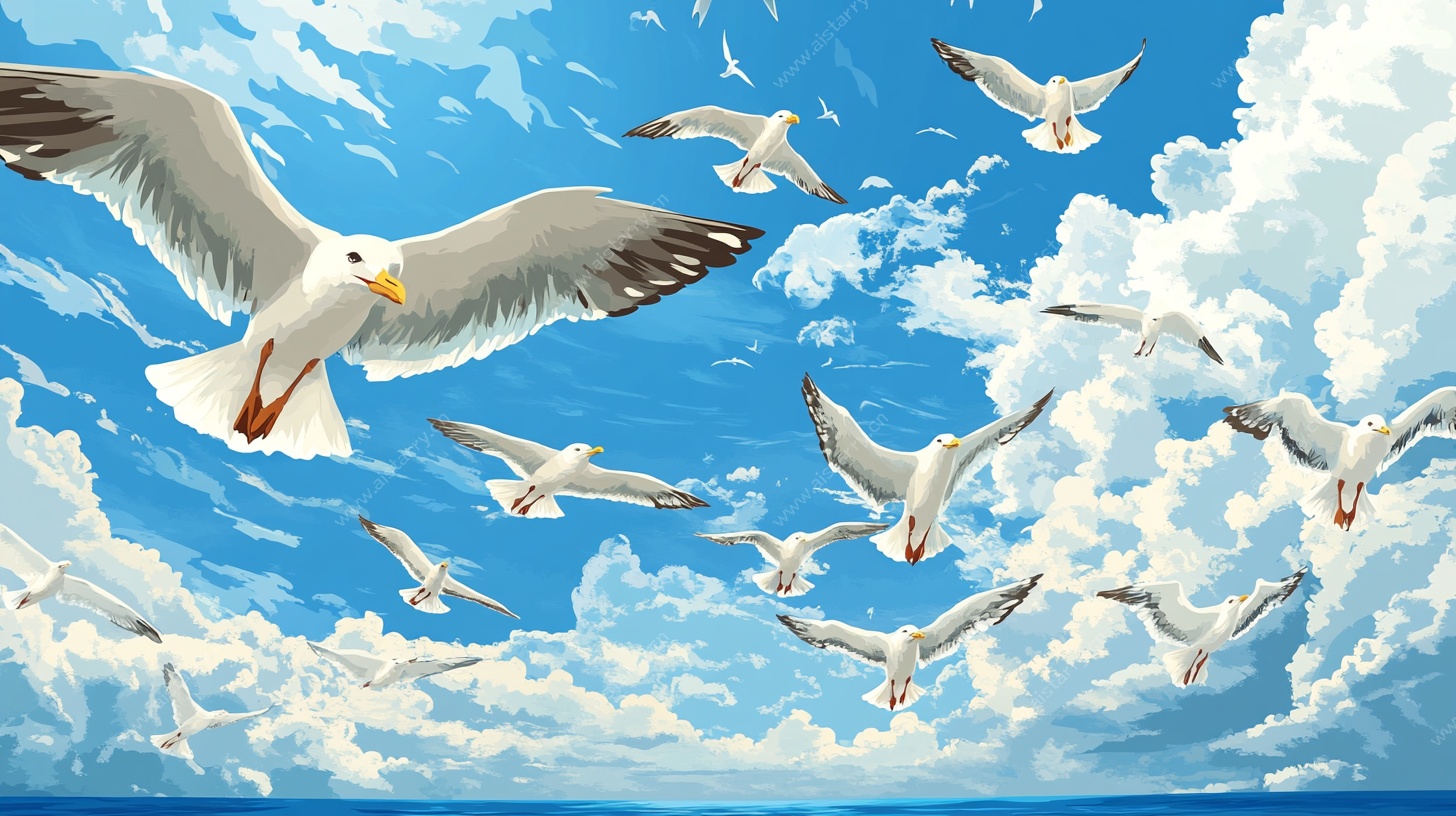 群鸥翱翔于蓝天白云间