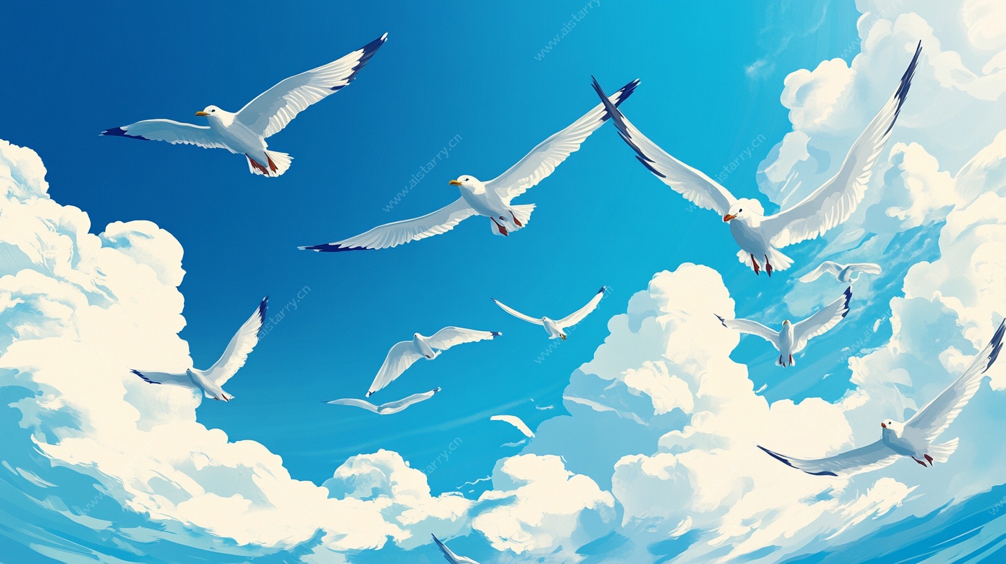 海鸥翱翔于蓝天白云间