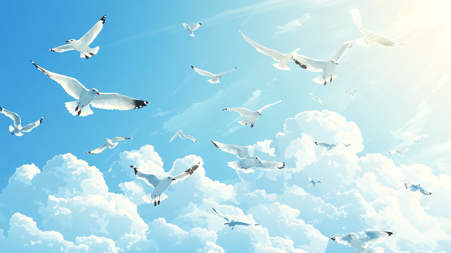 天空中飞翔的成群海鸥