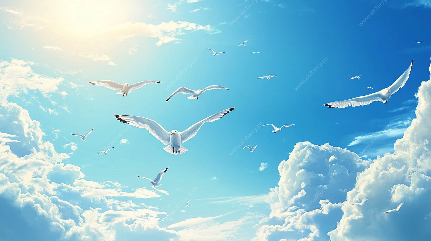 蓝天白云间海鸥自由翱翔