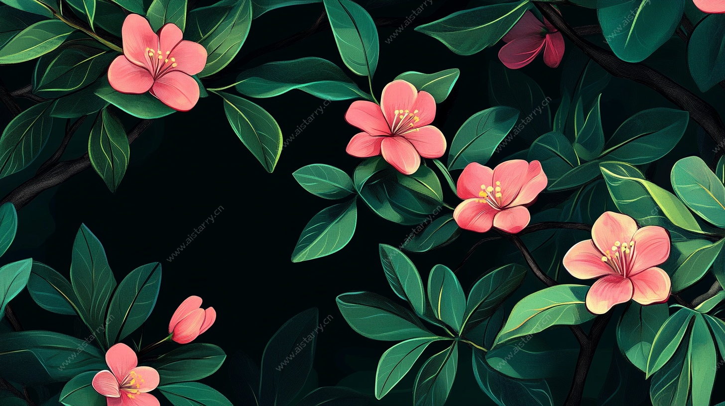 粉色花卉绿叶插画背景