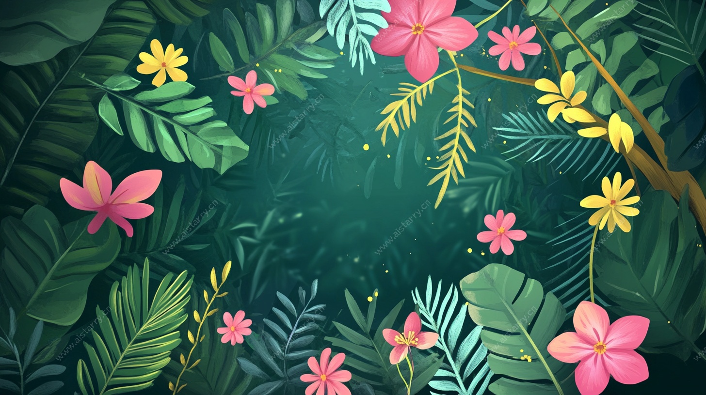 热带花卉绿叶插画背景
