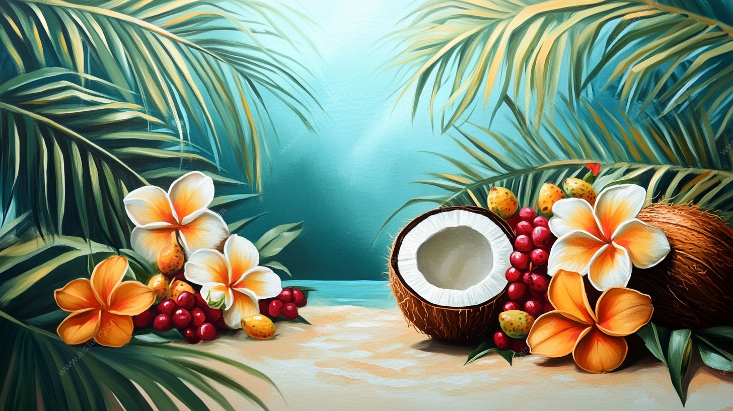 热带风情椰子与花卉图景