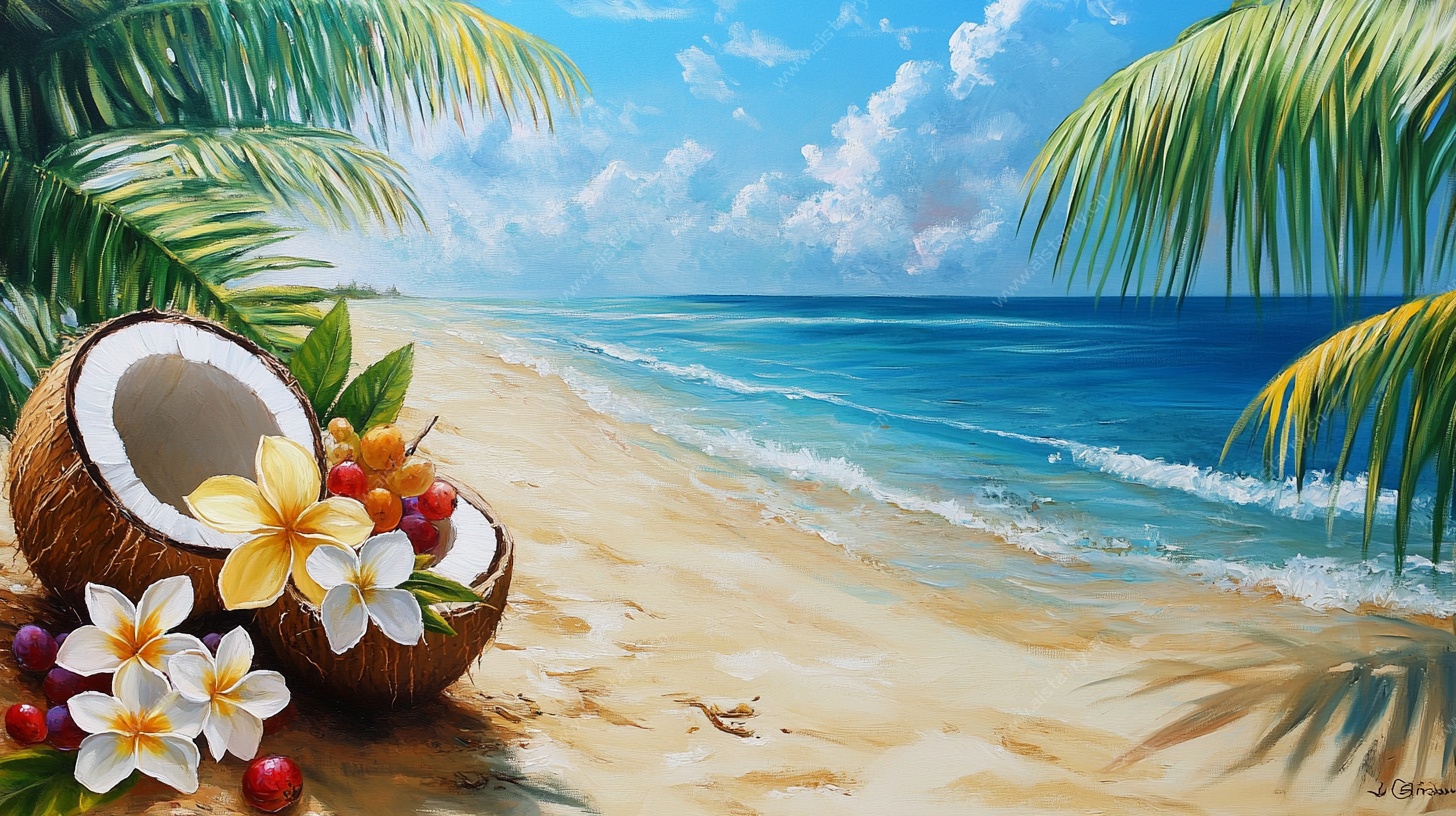 夏日海滩椰子风情画