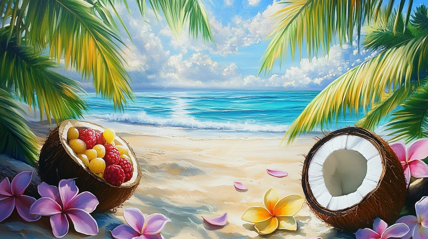 夏日海滩椰子水果风情画