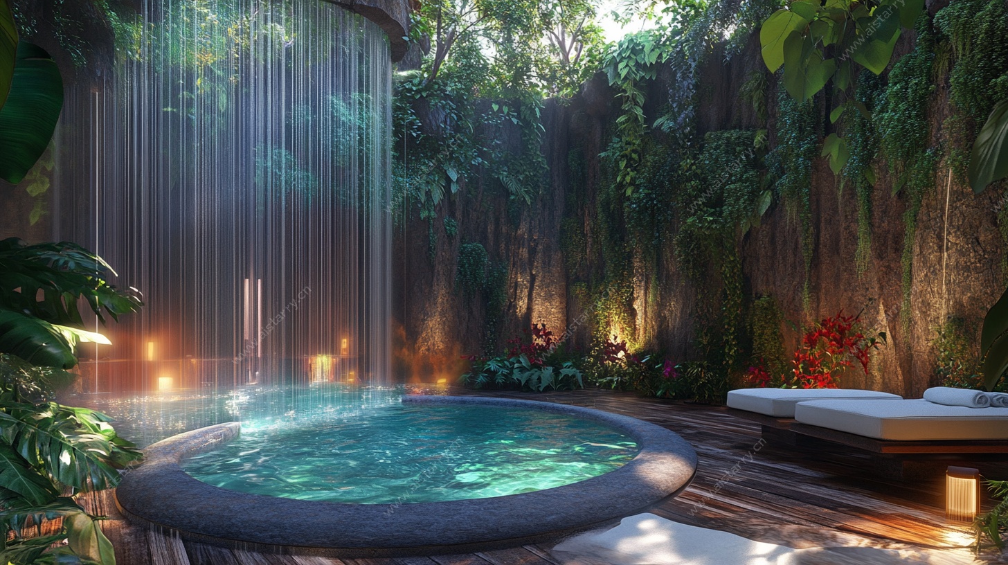 庭院中的静谧泳池与瀑布