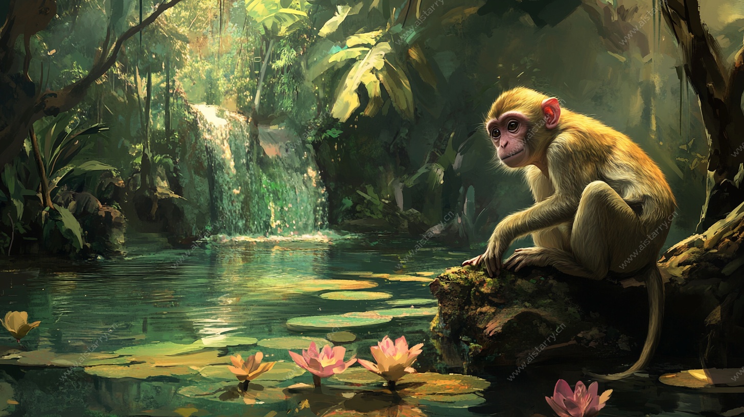 溪边静思猴 雨林梦幻景