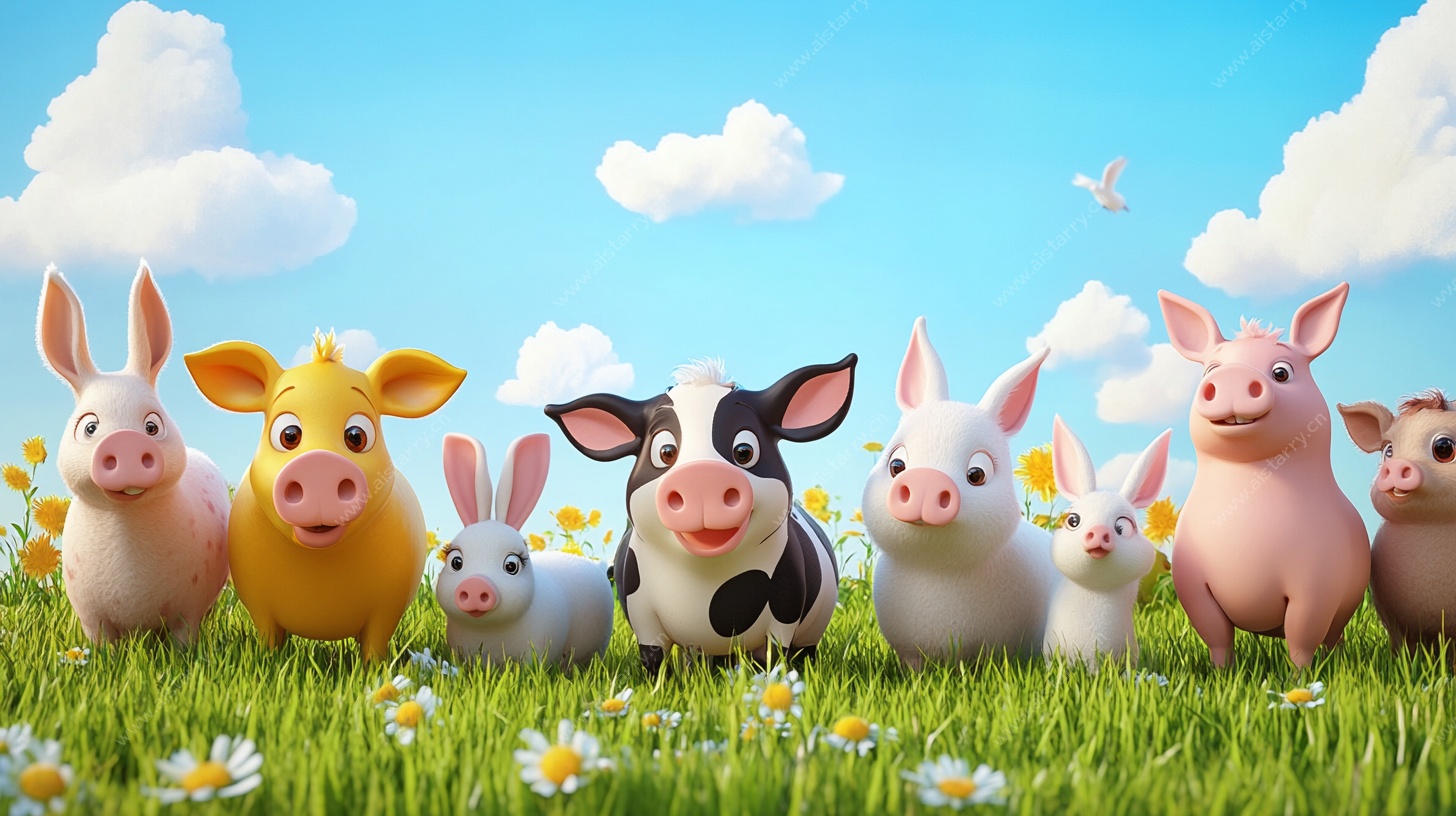 可爱动物齐聚绿色草地