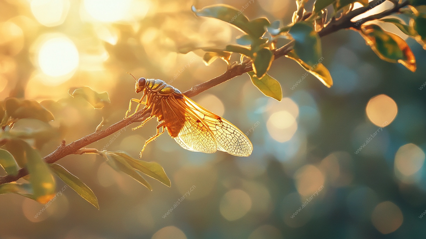 夕阳下枝头的透明蝉翼