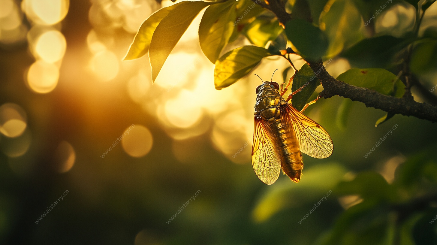 夕阳下的蝉栖于绿叶间