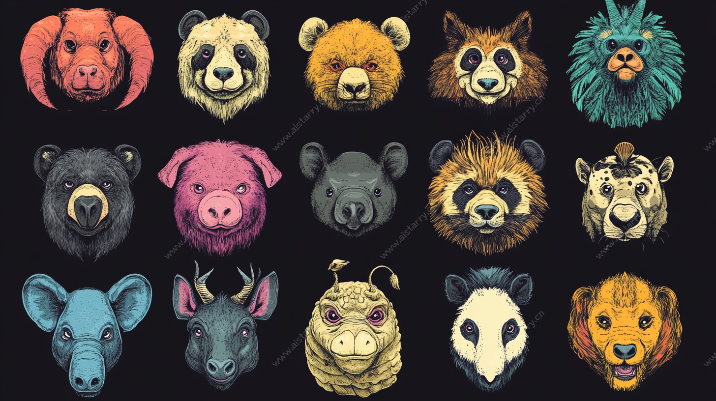 多彩动物头像插画集合