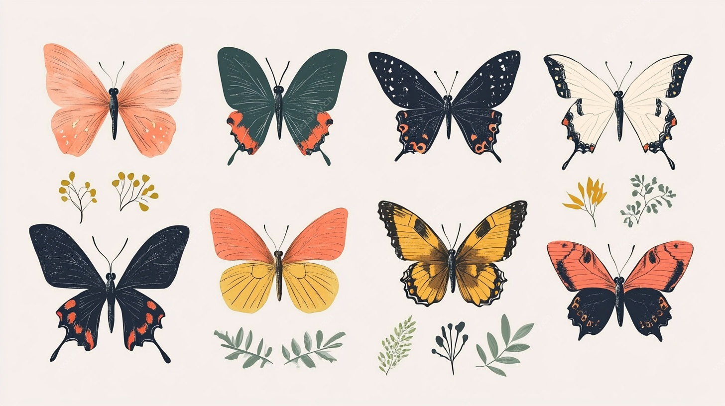 多彩蝴蝶与植物插画集合