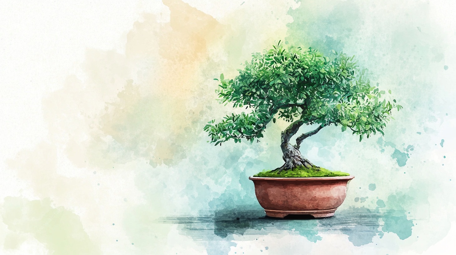 水彩风盆景艺术插画