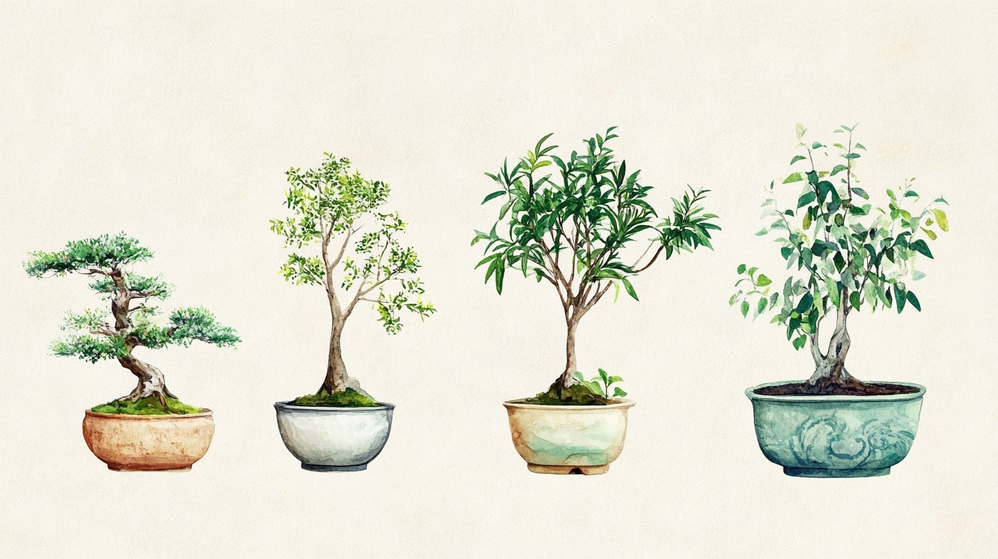 四盆精致盆栽水彩画