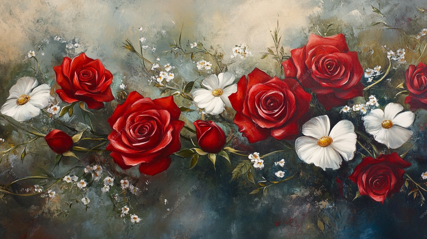 红玫白花的梦幻花卉绘景