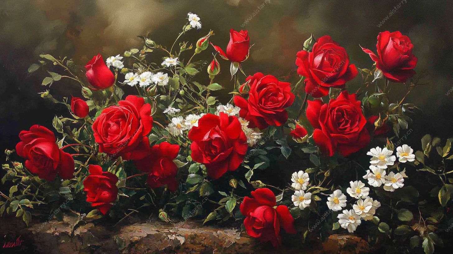 娇艳红玫瑰与白色小花