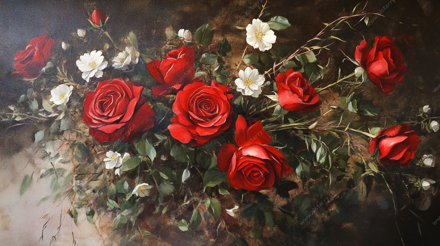 红玫瑰与白花朵的静物画