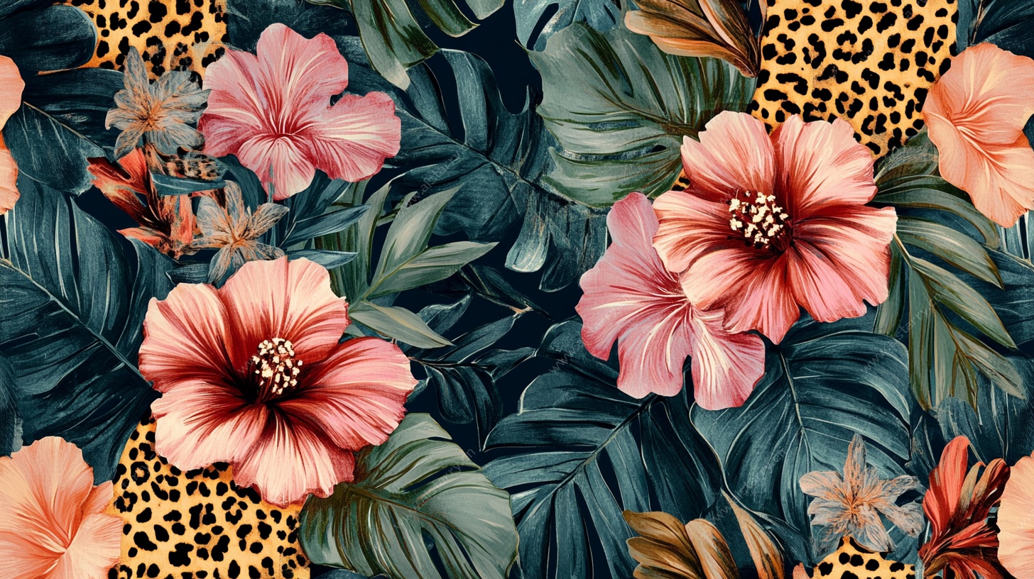 热带花卉豹纹图案背景