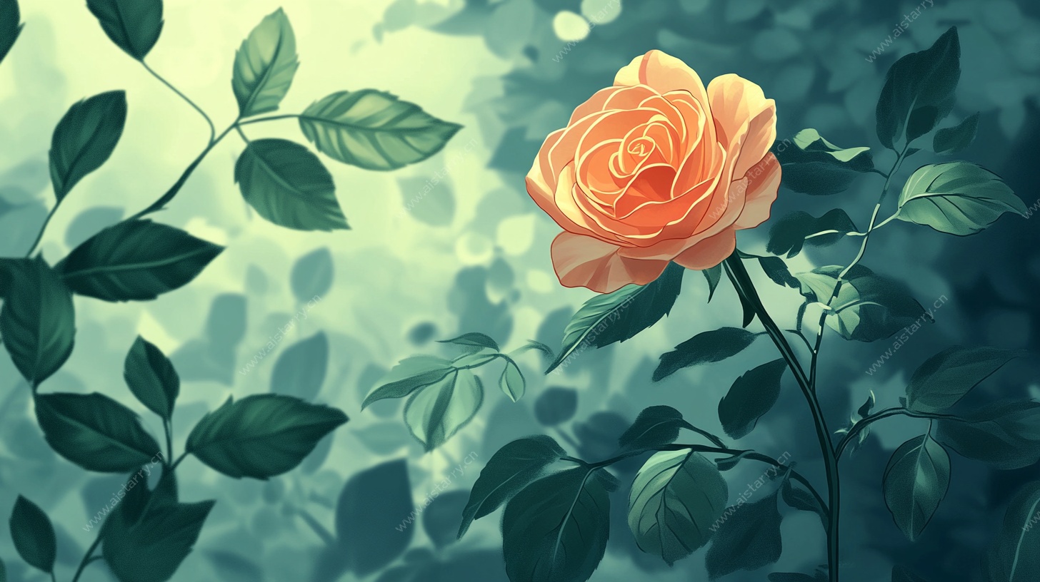 唯美橙玫瑰与绿叶插画