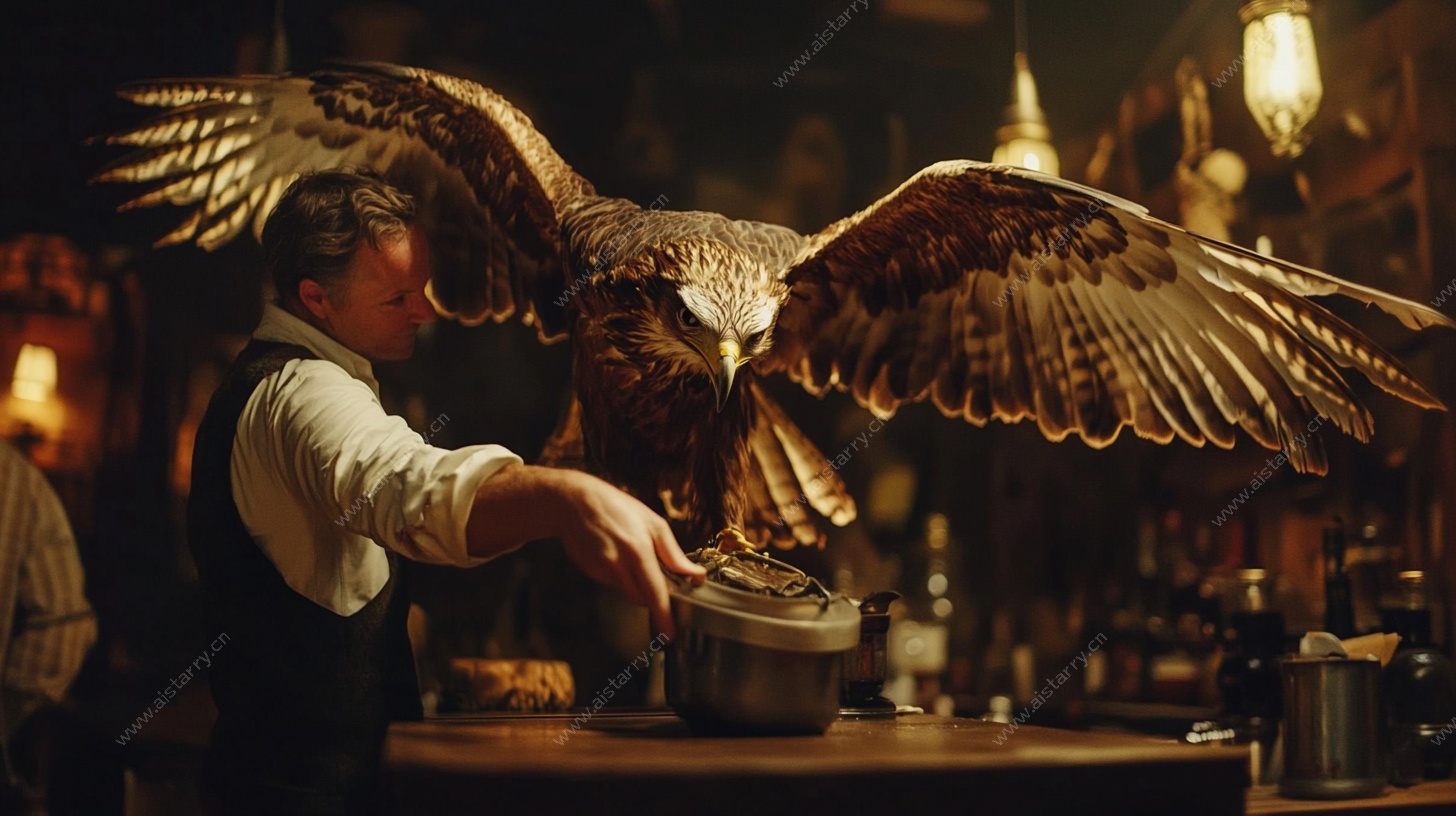 驯鹰人于室内展示威武雄鹰