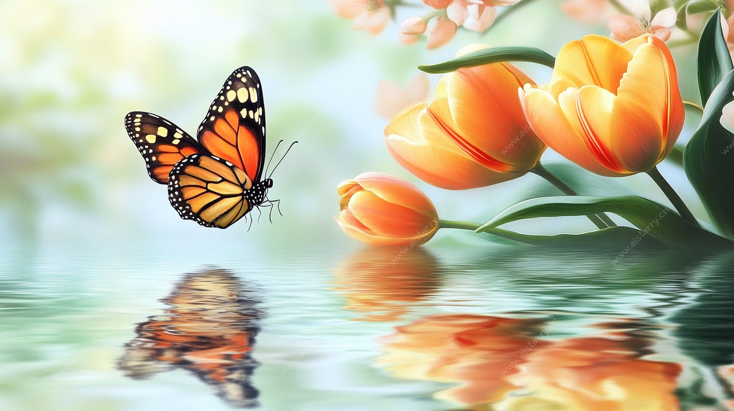 蝴蝶与郁金香的梦幻景致