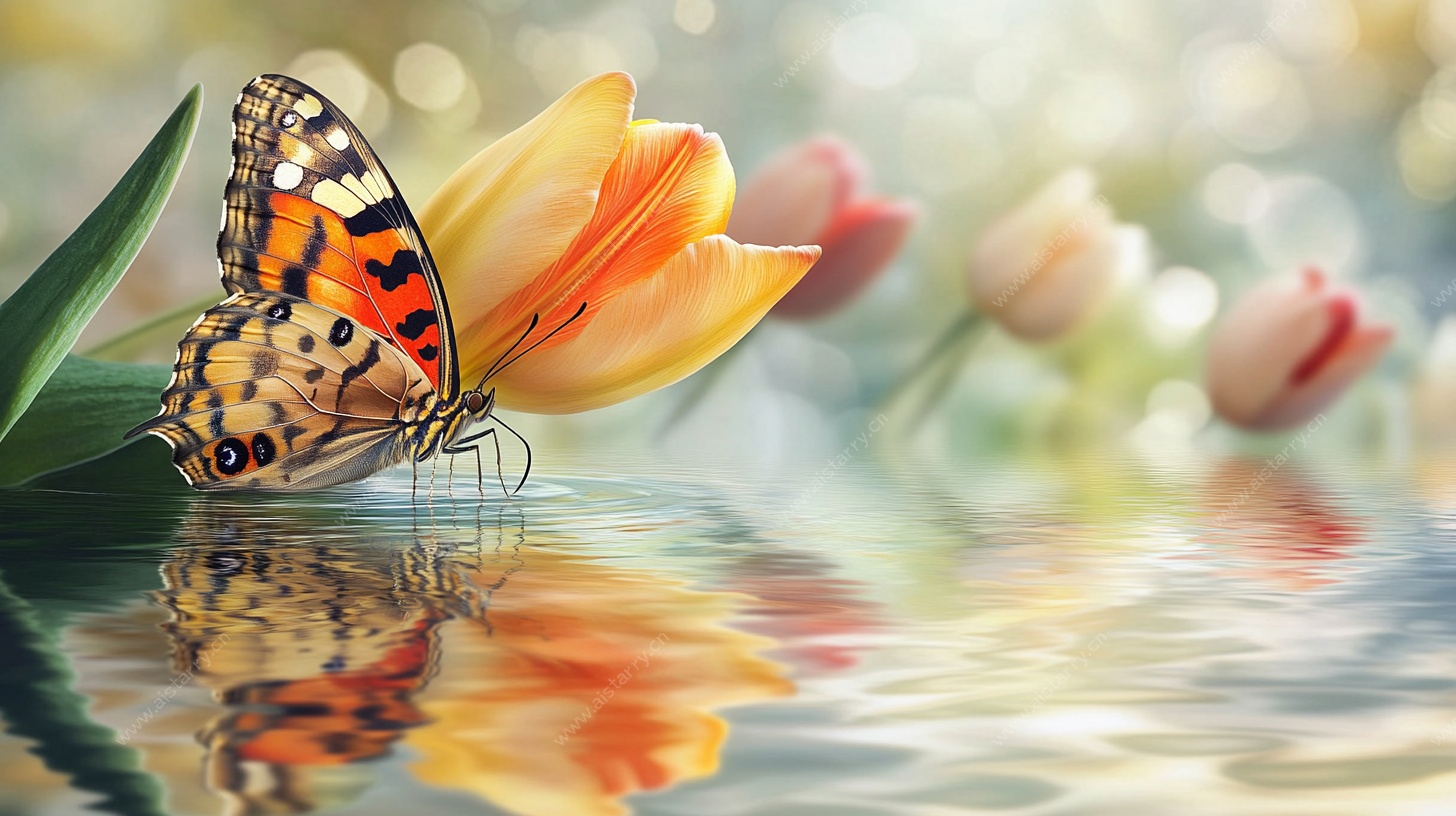 蝴蝶停驻郁金香