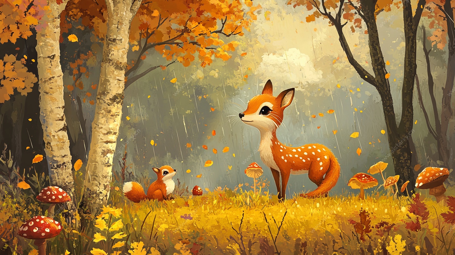 秋日森林中的小鹿与松鼠