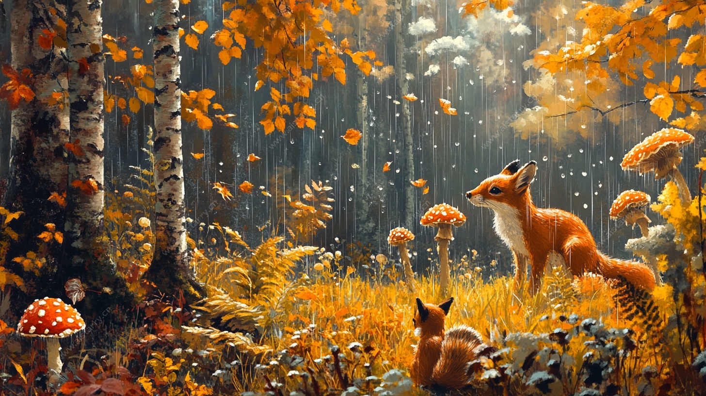 秋日森林中的狐狸与蘑菇