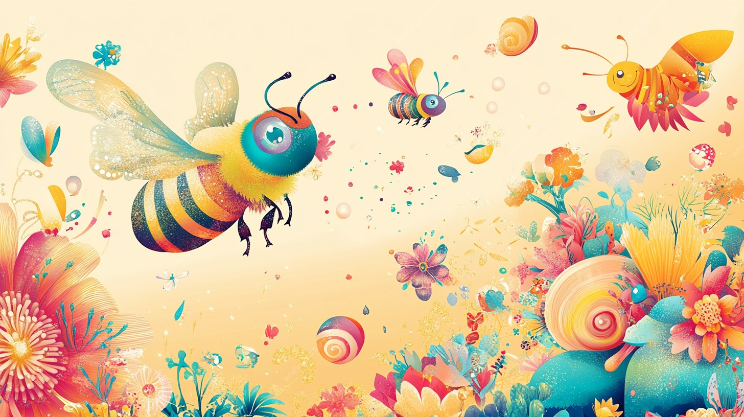 缤纷蜜蜂在花丛中飞舞