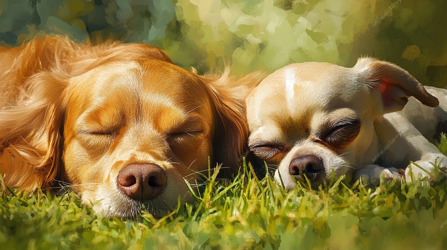两只萌犬草地惬意酣睡
