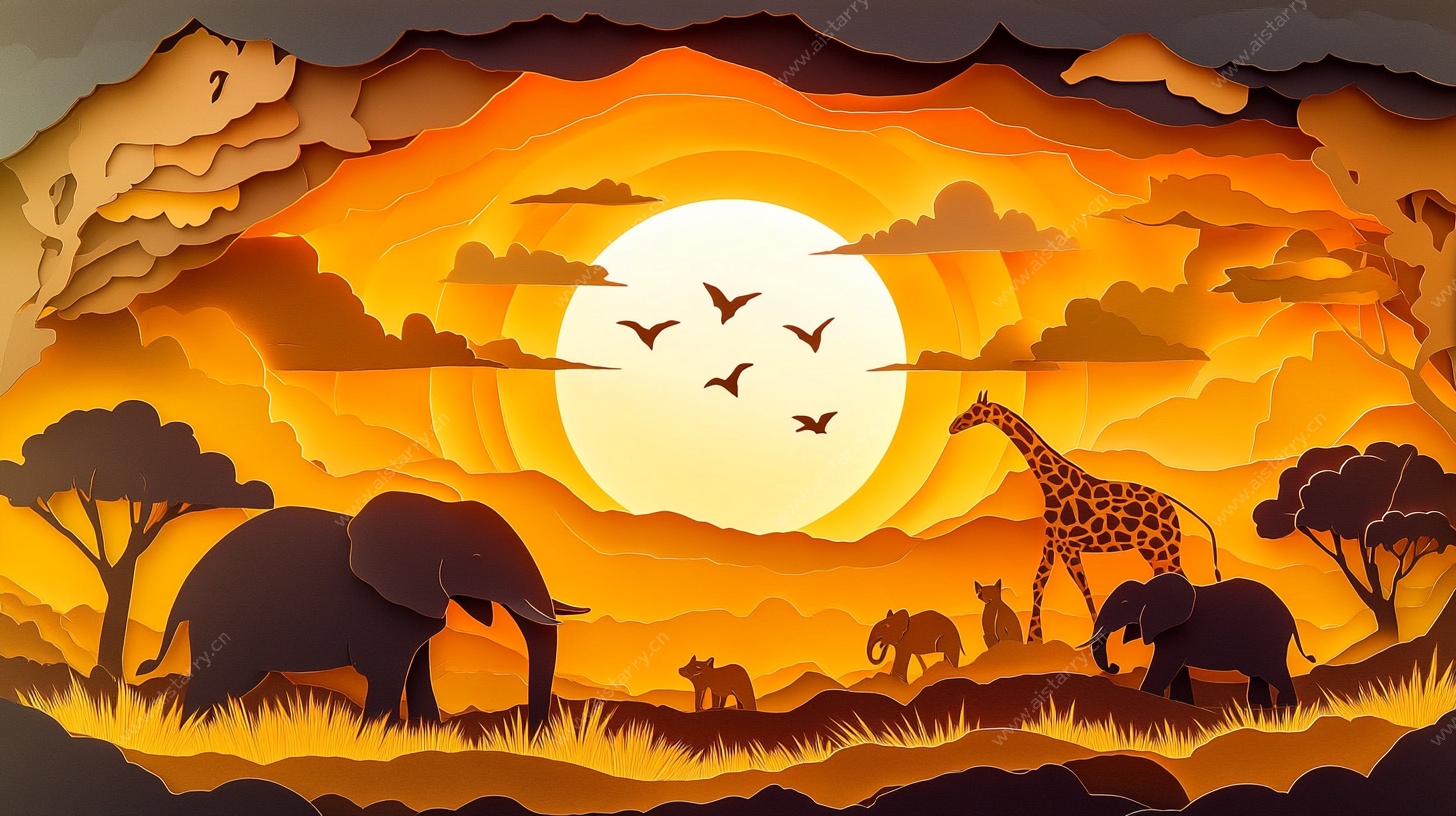 非洲草原动物黄昏剪影