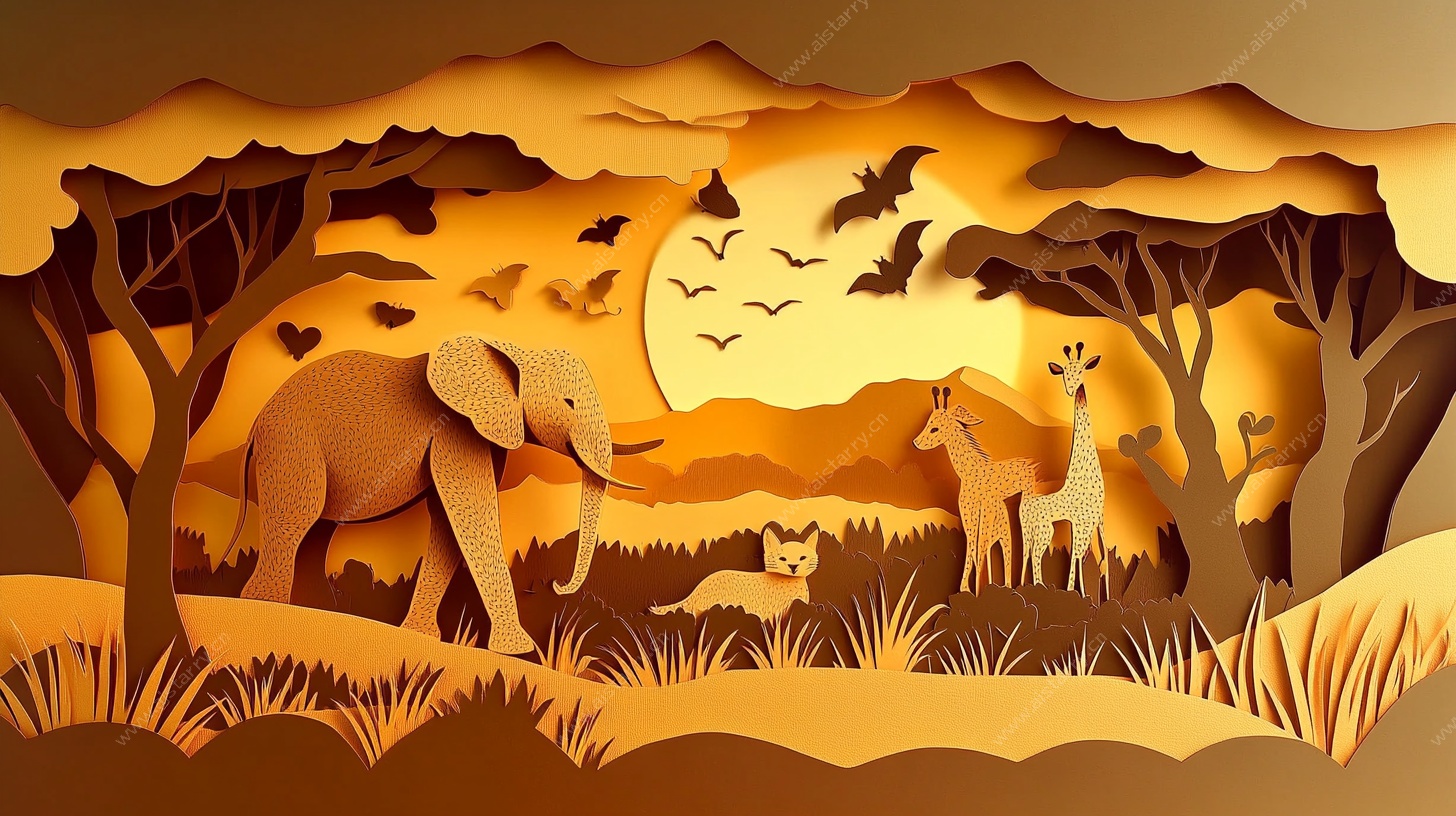 非洲草原动物剪纸风场景